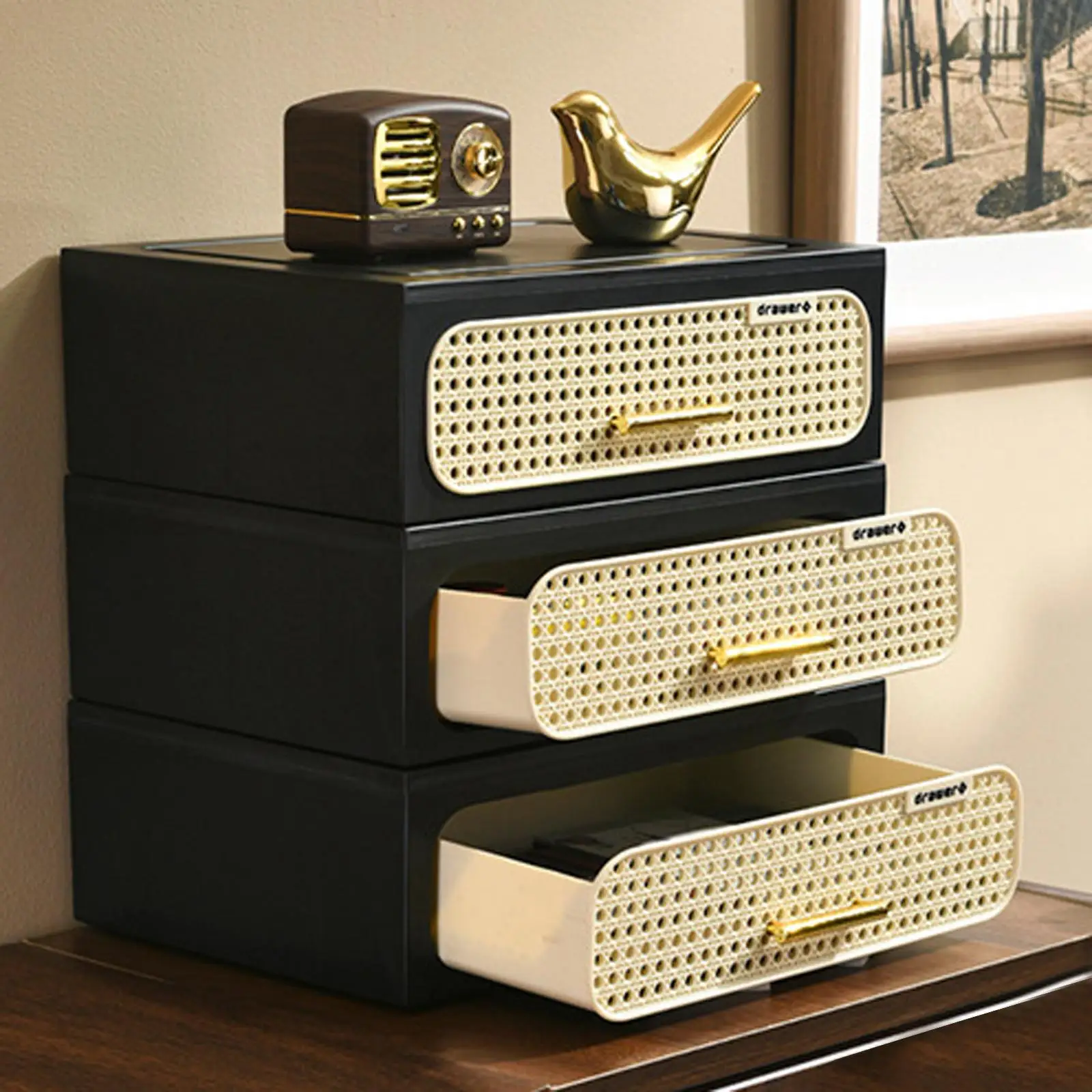 

Rustic Imitation Rattan Nightstand with Drawer Bedroom Storage Organizer for Apartment and Dorm
