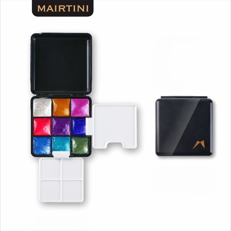 

New Mairtini 9 Color Pearlescent Solid Watercolor Pigment Black Portable Palette Watercolor Box Travel Painting Art Supplies