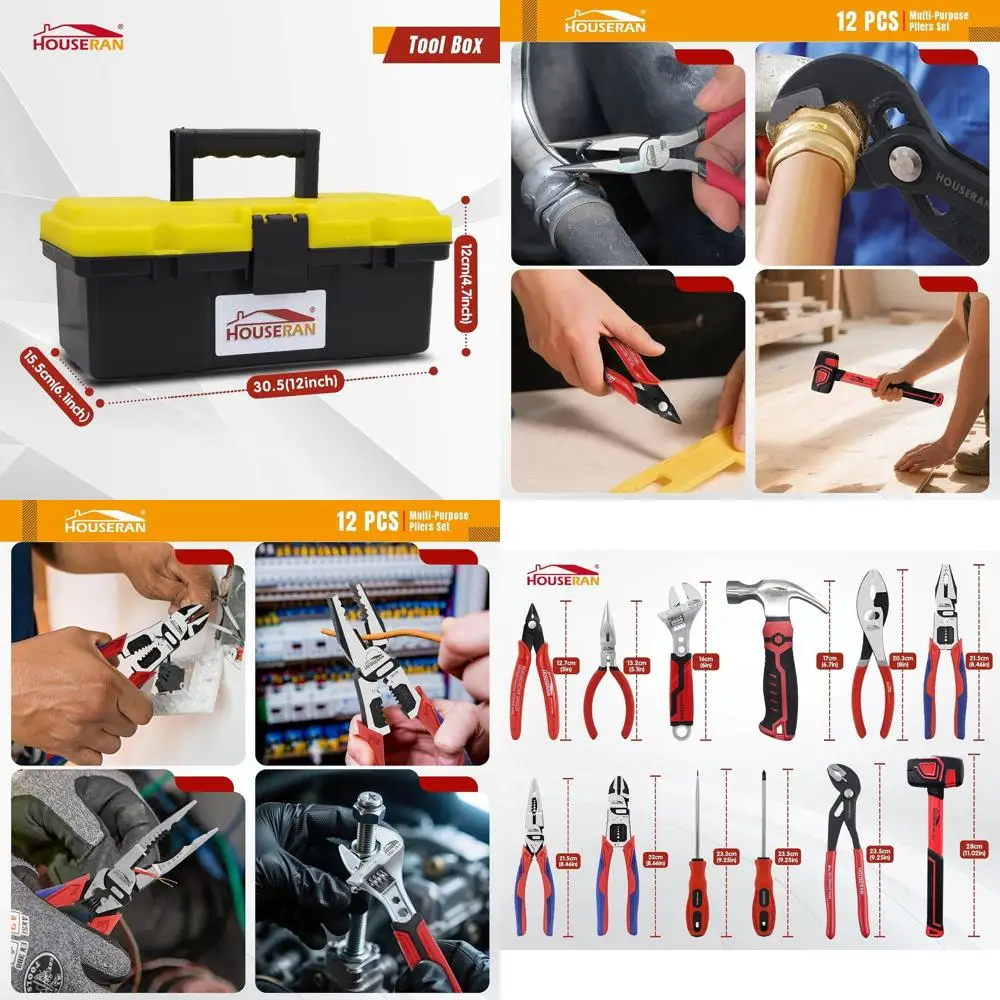 

12-Piece Household Hand Tool Set with Toolbox – Heavy Duty CRV Pliers, Adjustable Wrench, Rubber Mallet & Claw Hammer for Home,