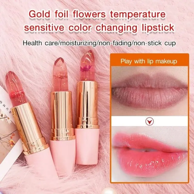 Crystal Jelly Flower Color Changing Lipstick Temperature Color Changing Lip Balm Gloss Transparent Lasting Moisturizer Makeup