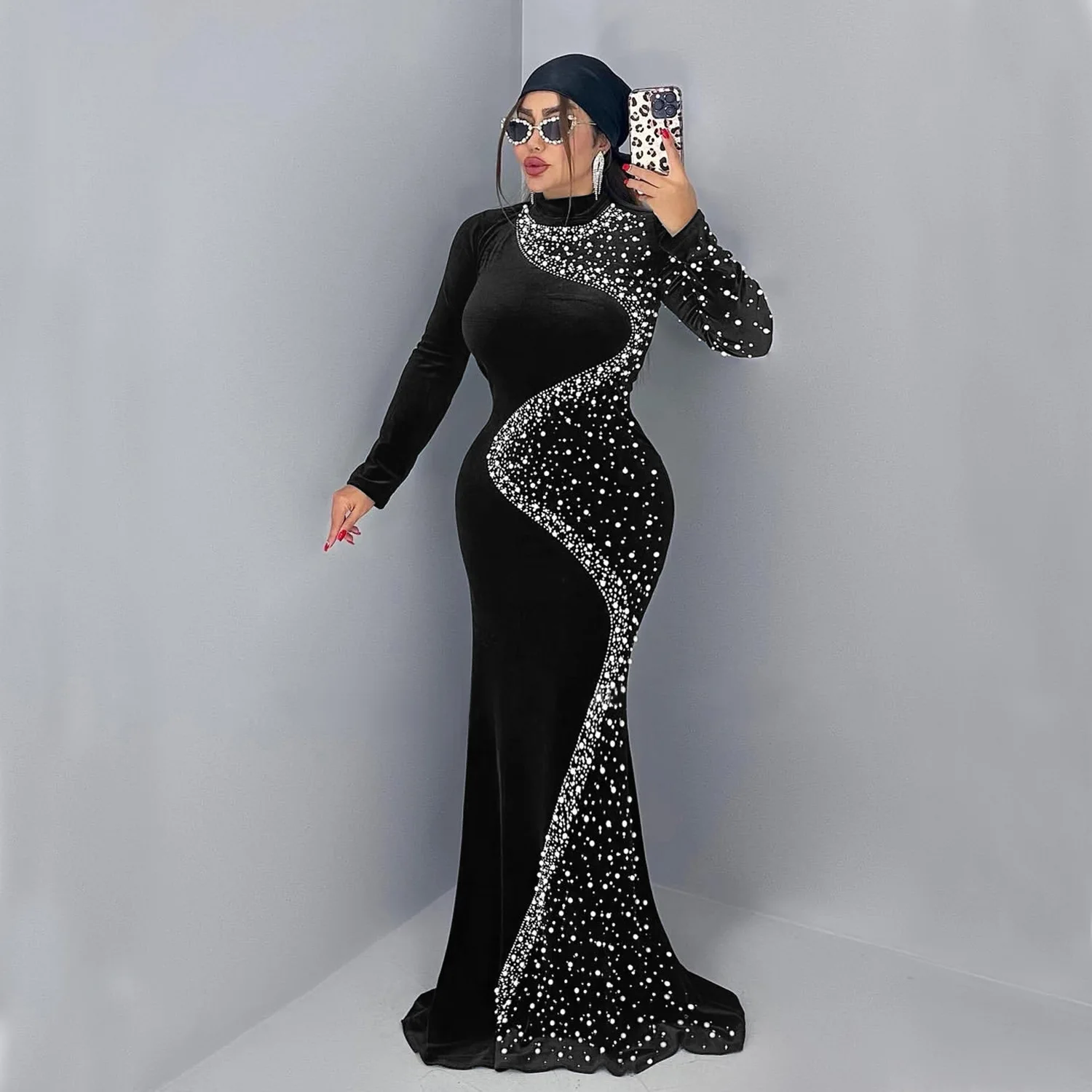 

Spring Luxury Dinner Wedding Maxi Dress Women Elegant Diamonds Slim Long Sleeve Bodycon Black Prom Gowns Birthday Vestidos