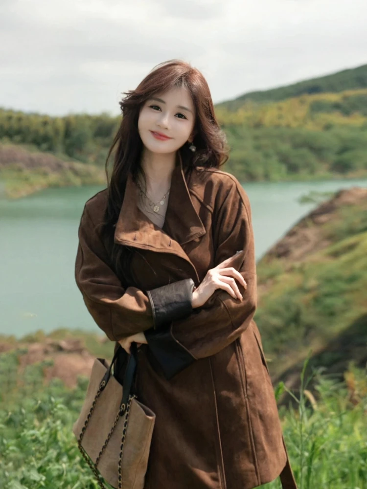 

Осенний шикарный замшевый плащ, женский кожаный плащ с манжетами и поясом, длинная куртка большого размера, универсальная повседневная верхняя одежда