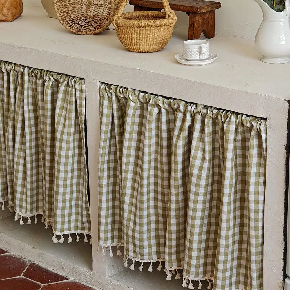 1pc Kitchen Cabinet Curtain Polyester Gingham Print Curtain Open Shelf Under Sink Partition Curtain Minimal Farmhouse Decor