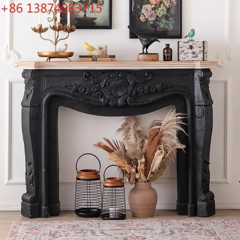 French vintage fireplace decoration, black rustic solid wood fake fireplace cabinet