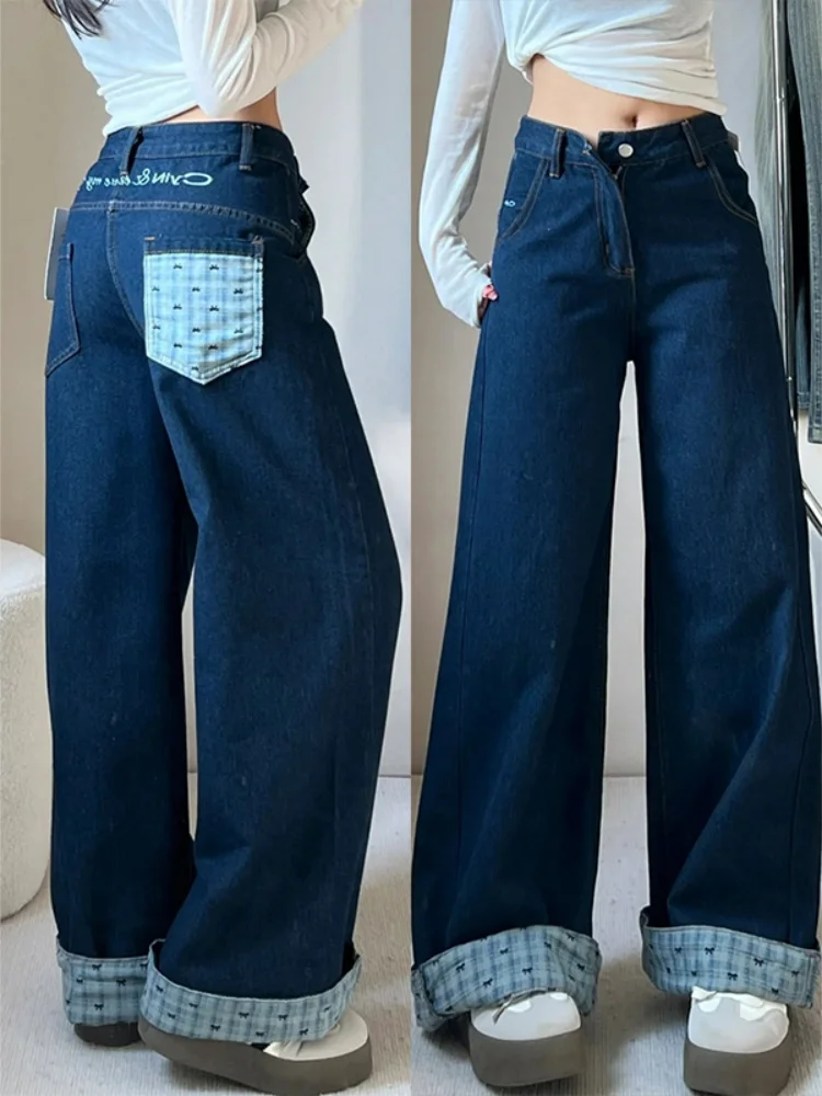 

plus Size Women's Fleece Lined Thick High Waist Straight Leg Jeans Embroidered Wide Leg Pants Casual American Style Denim