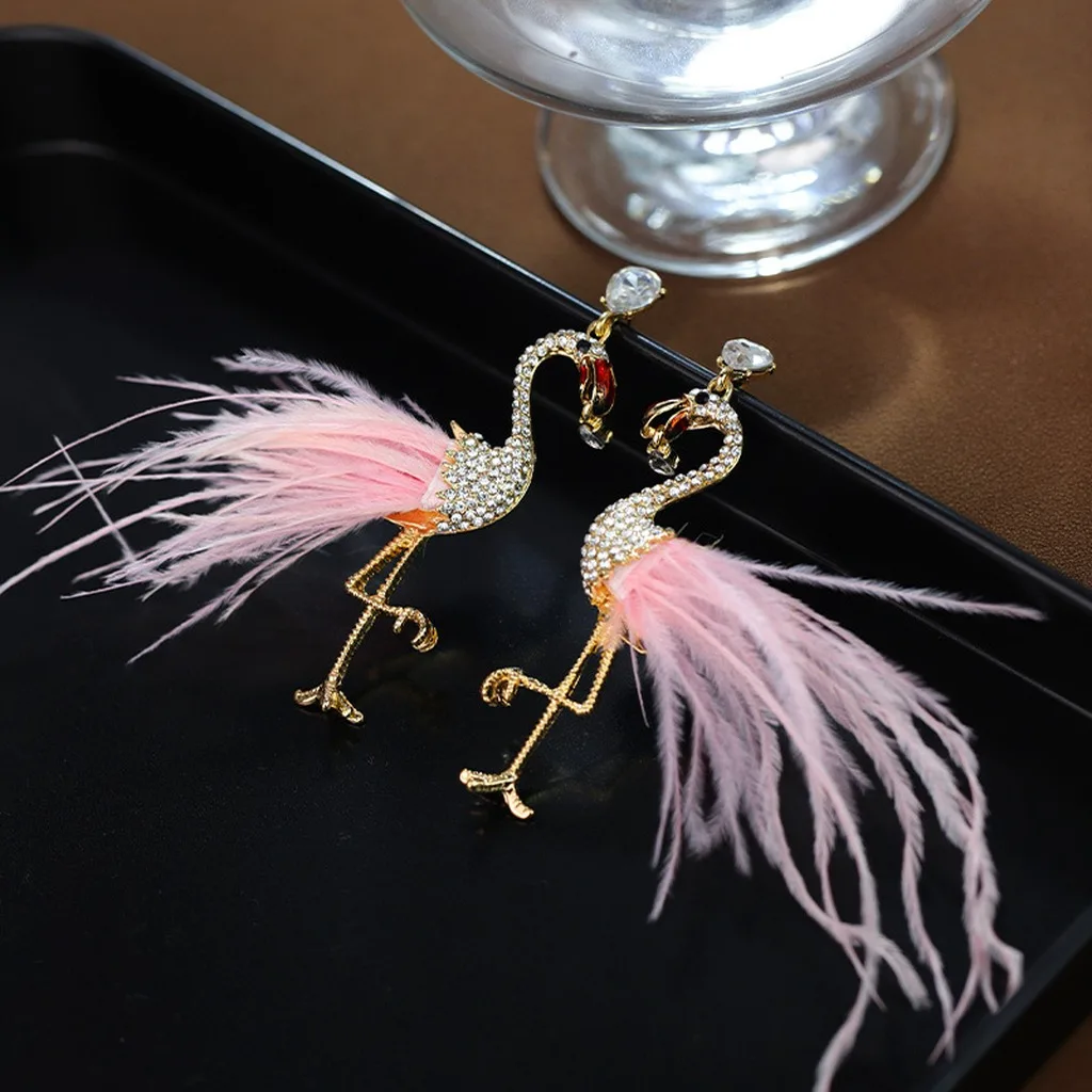 Pendientes colgantes de flamenco, cómodos, con diamantes de imitación, con forma de animal, únicos para fiestas temáticas, citas y viajes