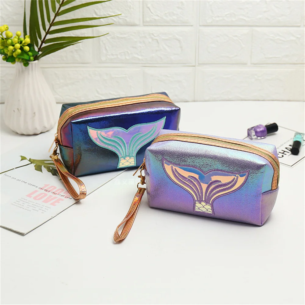 High Capacity Mermaid Makeup Case Laser Waterproof PU Cosmetic Bags Women Travel Wash Storage Bags Portable Make Up Organizer