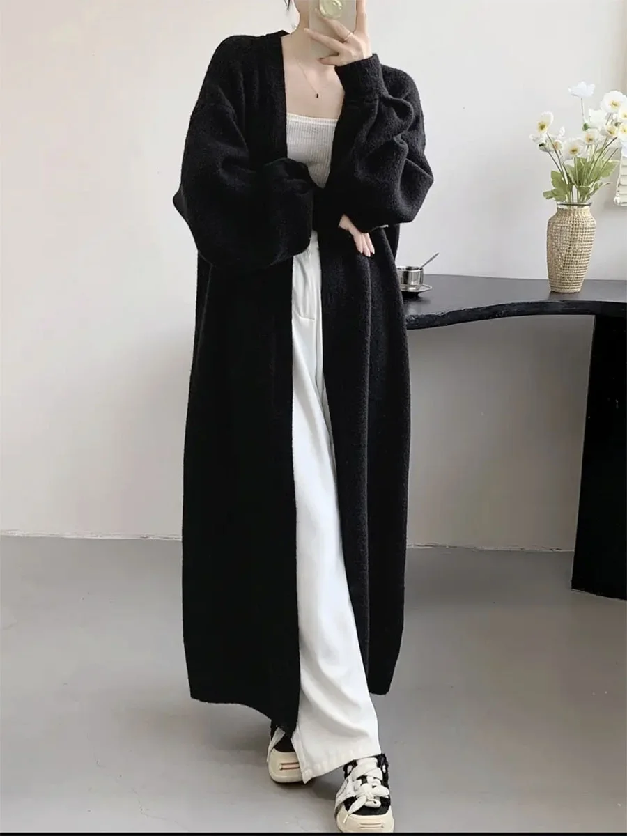 

Korean Style V-Neck Long Knitted Sweater Coat Thick Lazy Open Cardigan High-End Feel Autumn Winter Warm Loose Fit Outerwear