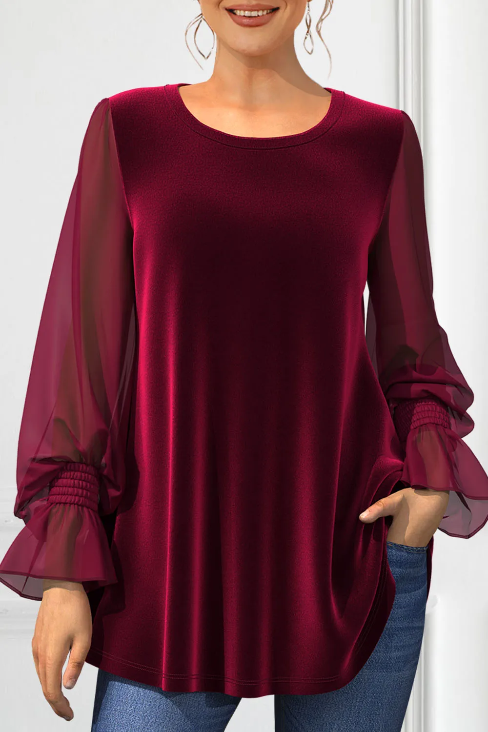 Flycurvy-Blusa de manga larga con cuello en V para mujer, camisa informal de color azul con botones degradados, talla grande, Otoño e Invierno