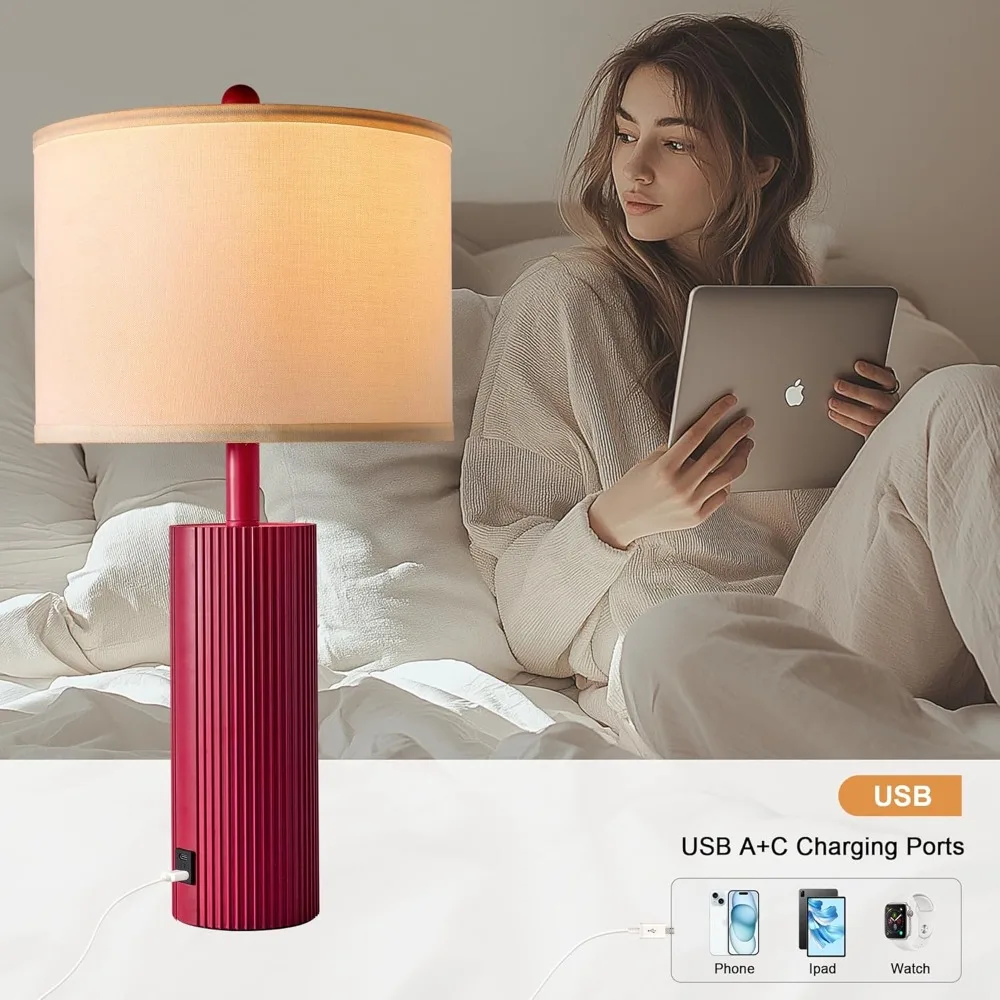 Red Touch Lamps Set of 2 with USB C+A Ports, 3-Way Dimmable, 2 LED Bulbs Included, Modern Table Lights for Living Room, Bedroom, Nightstand view 3