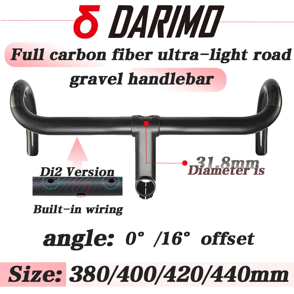 

DARIMD - Road/Gravel Carbon Fiber Handlebars,DI2 version with built-in routing,3k matte bike curved handlebars,380/400/420/440mm