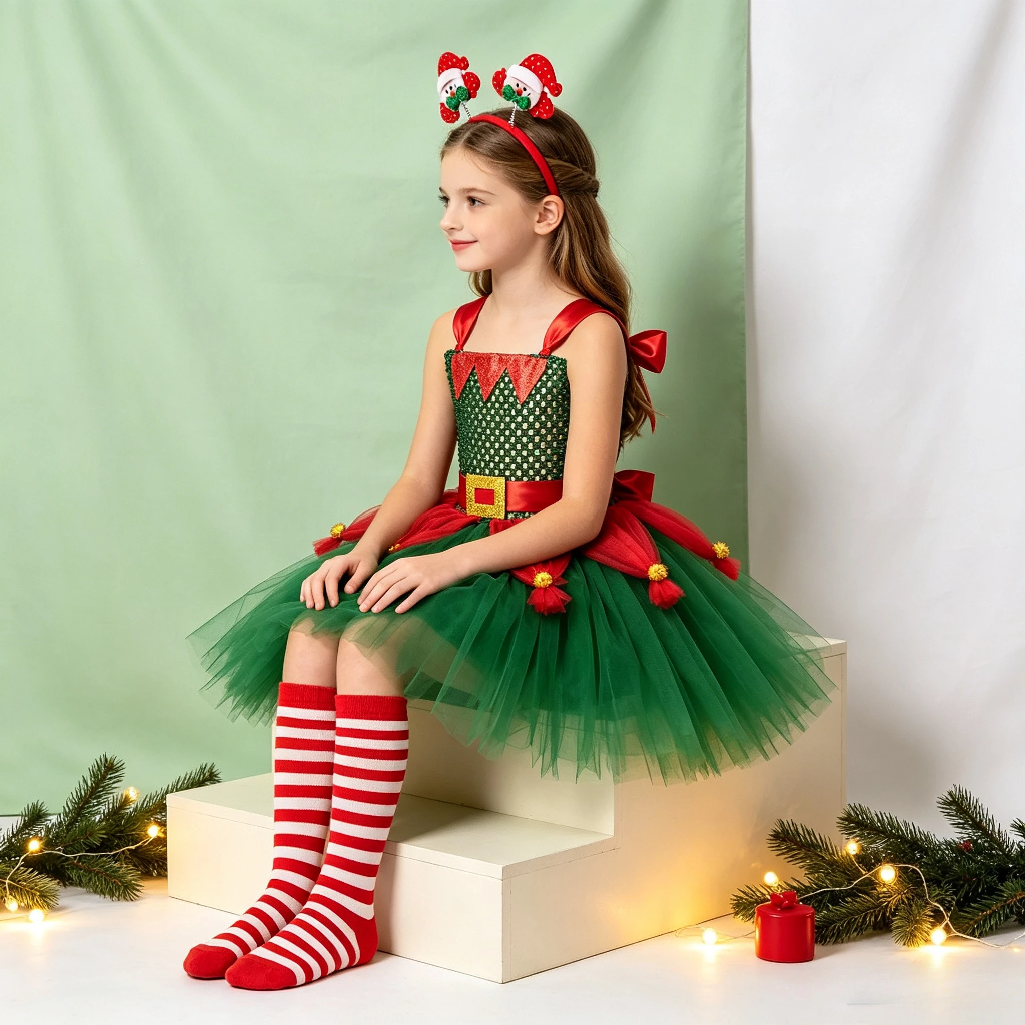 Girls Red Green Santa Fancy Tulle Tutu Dress With Cute Headband For Children Christmas Holiday Party Stage Performance Clothing