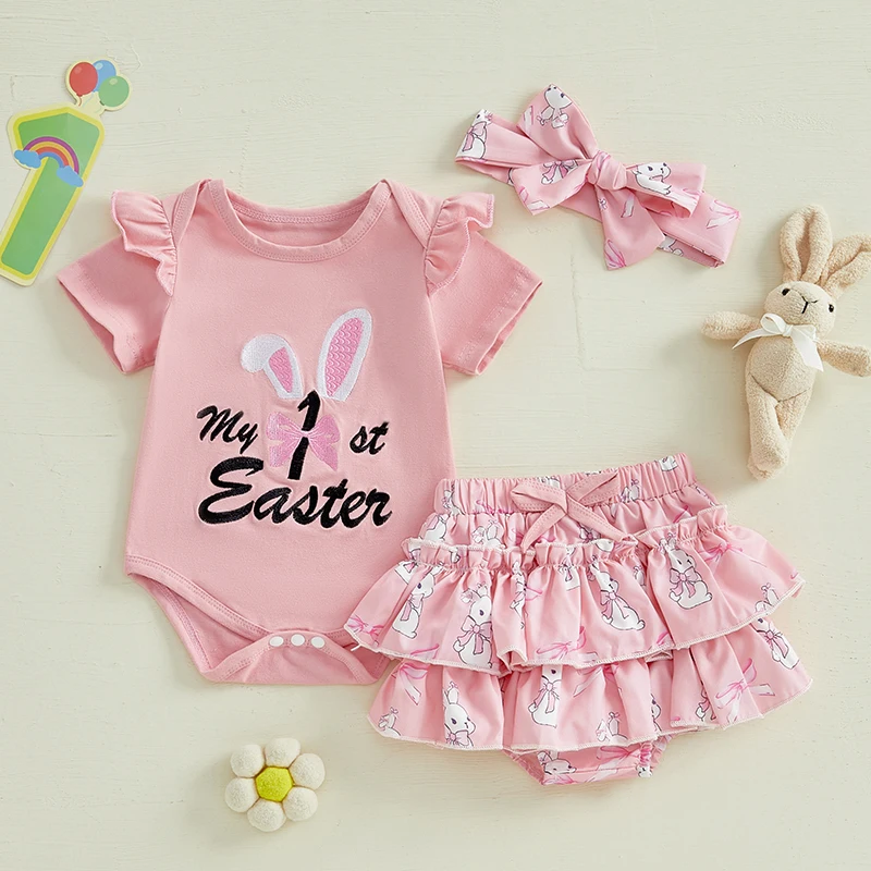 فستان عيد الفصح الرائع للأطفال الصغار مطبوع عليه زهور بدون أكمام وسروال قصير مكشكش وعصابة رأس مكونة من 3 قطع للفتيات الصغيرات #5