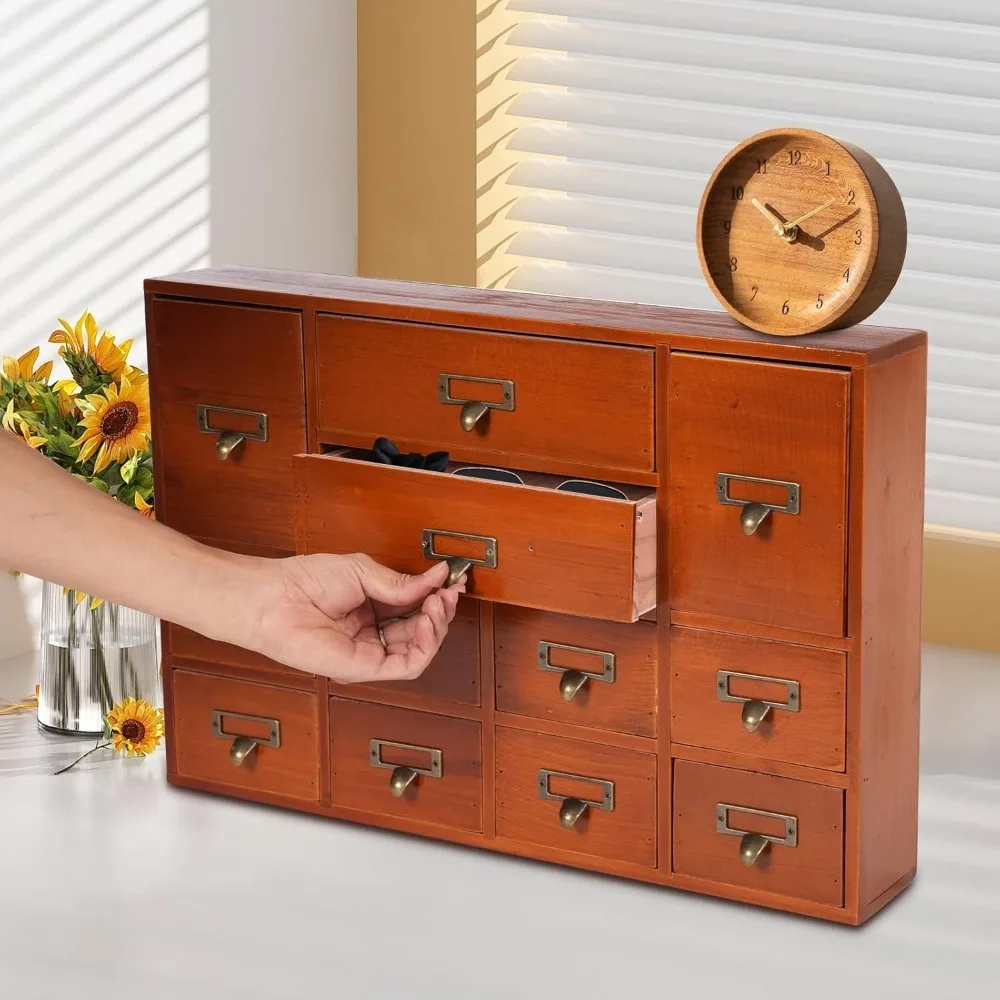 

Vintage 12 Drawer Wooden Desk Organizer Multilevel Apothecary Cabinet Library Card Catalog Cabinet Multipurpose Tool Box (Brown)
