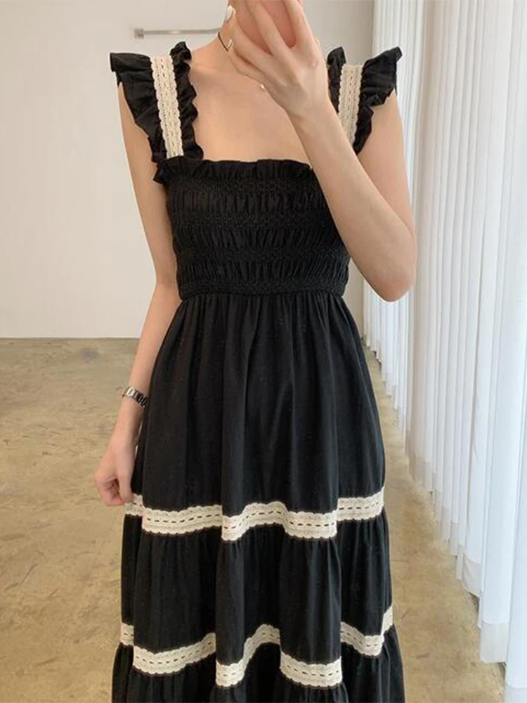 Vestido de Verano E Vintage Antienvejecimiento con Cuello Cuad, Cintura Ajustable con Cordón, Bloques de Color, Ri...