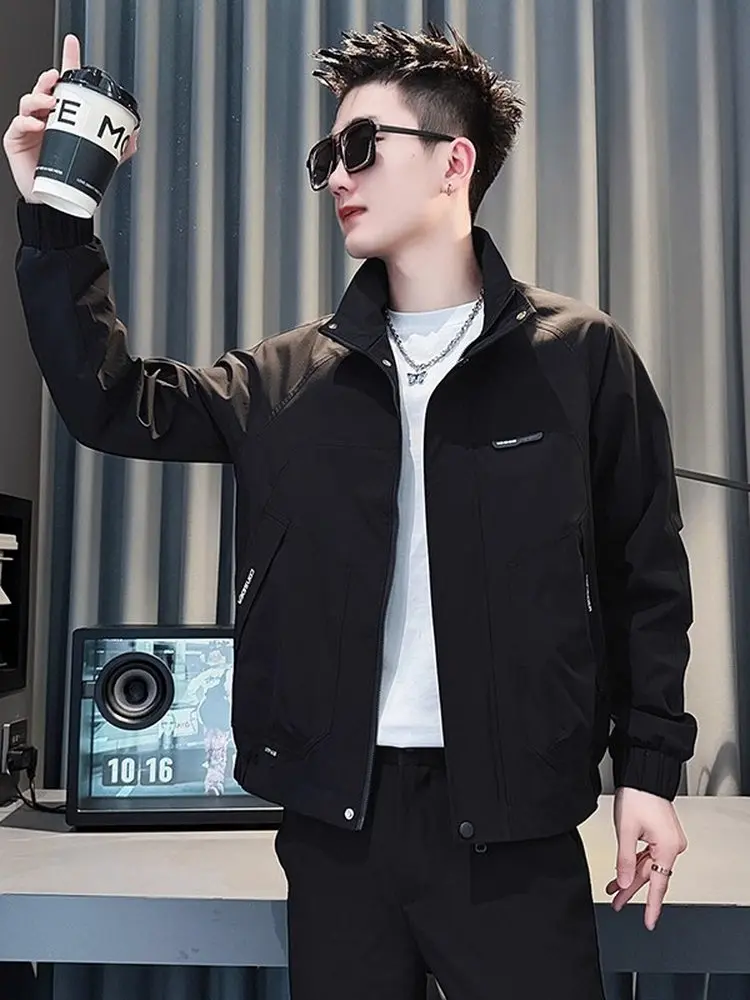 

Spring Autumn New Sle Men's Faion Jaet Stand Collar Workwear Simple Sli Outerwear Polyester Casual Zipper Decorated