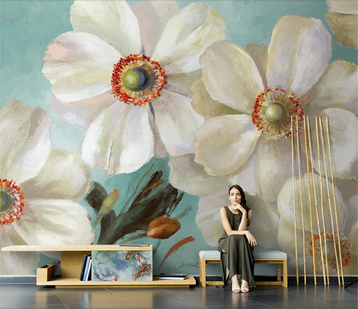 Custom Nordic white floral flowers roses mural wallpaper for living room TV background Stickers wallpaper sofa home improvement