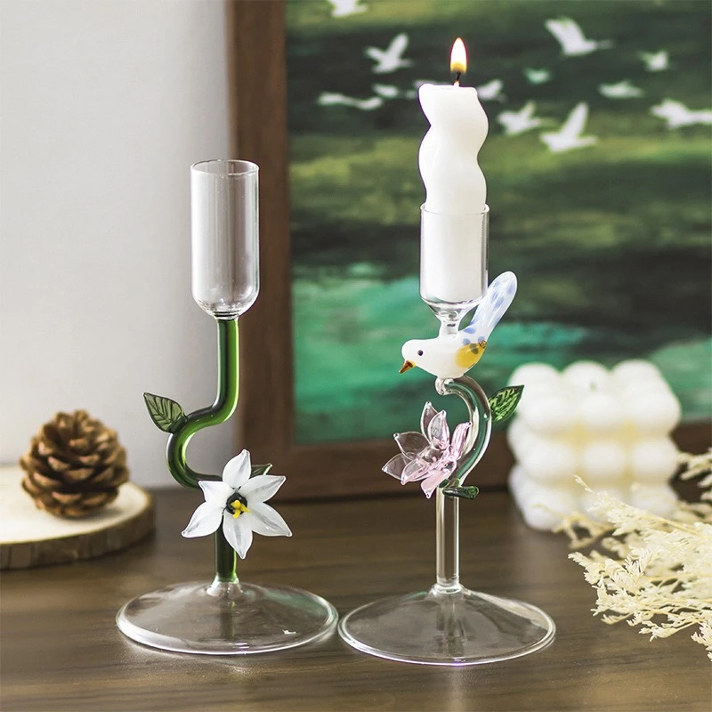 Glass High-sided Candlestick Hand-carved Lily Flower Relief Glass Candle Holder Transparent Bird Candle Stick Home Decoration