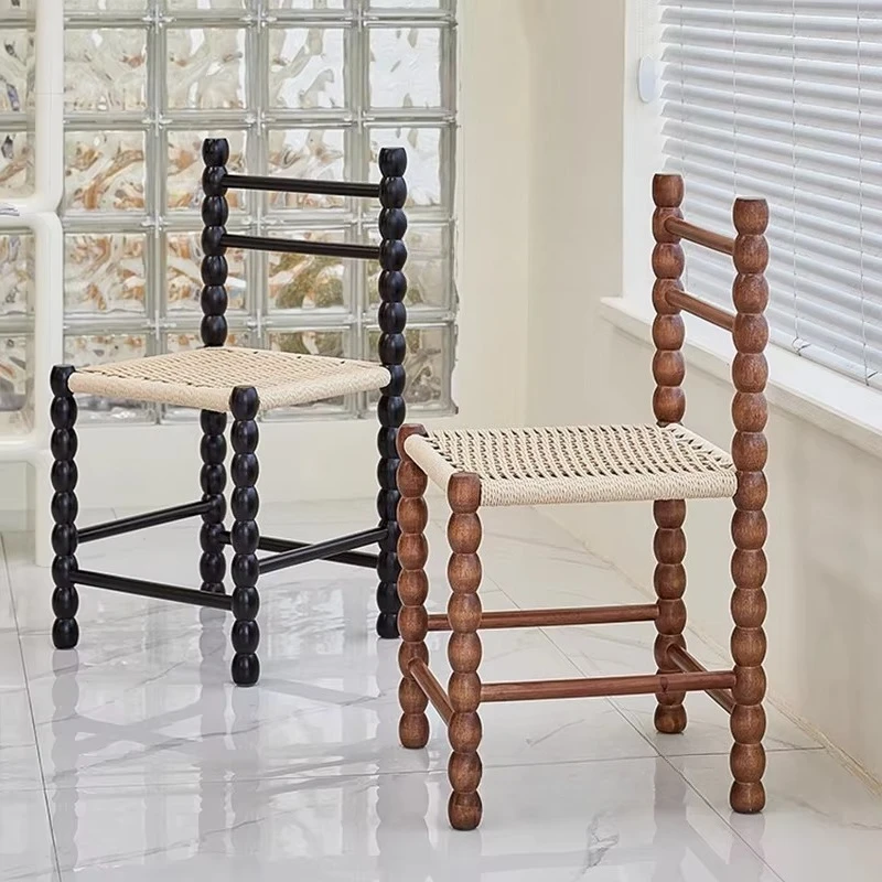 Nordic Vintage Woven Rope Stool Solid Wood Chair Retro Gourd-Shaped Seat with French Backrest for Living Room