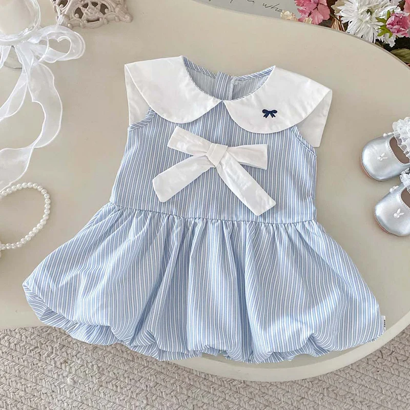 

Новое летнее детское платье 2026 года для девочек 1-3 лет, праздничное, без рукавов, из хлопка, в полоску, с комбинированными вставками, для маленьких принцесс