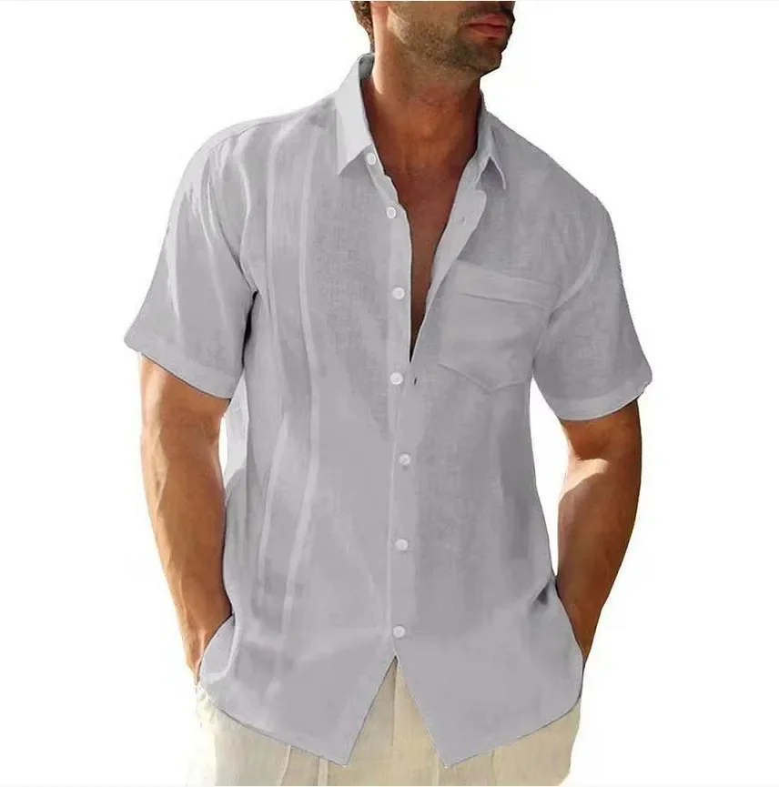 Mens Casual Linen Button Down Short Sleeve Shirts Beach Summer Spread Collar Pocket Tops