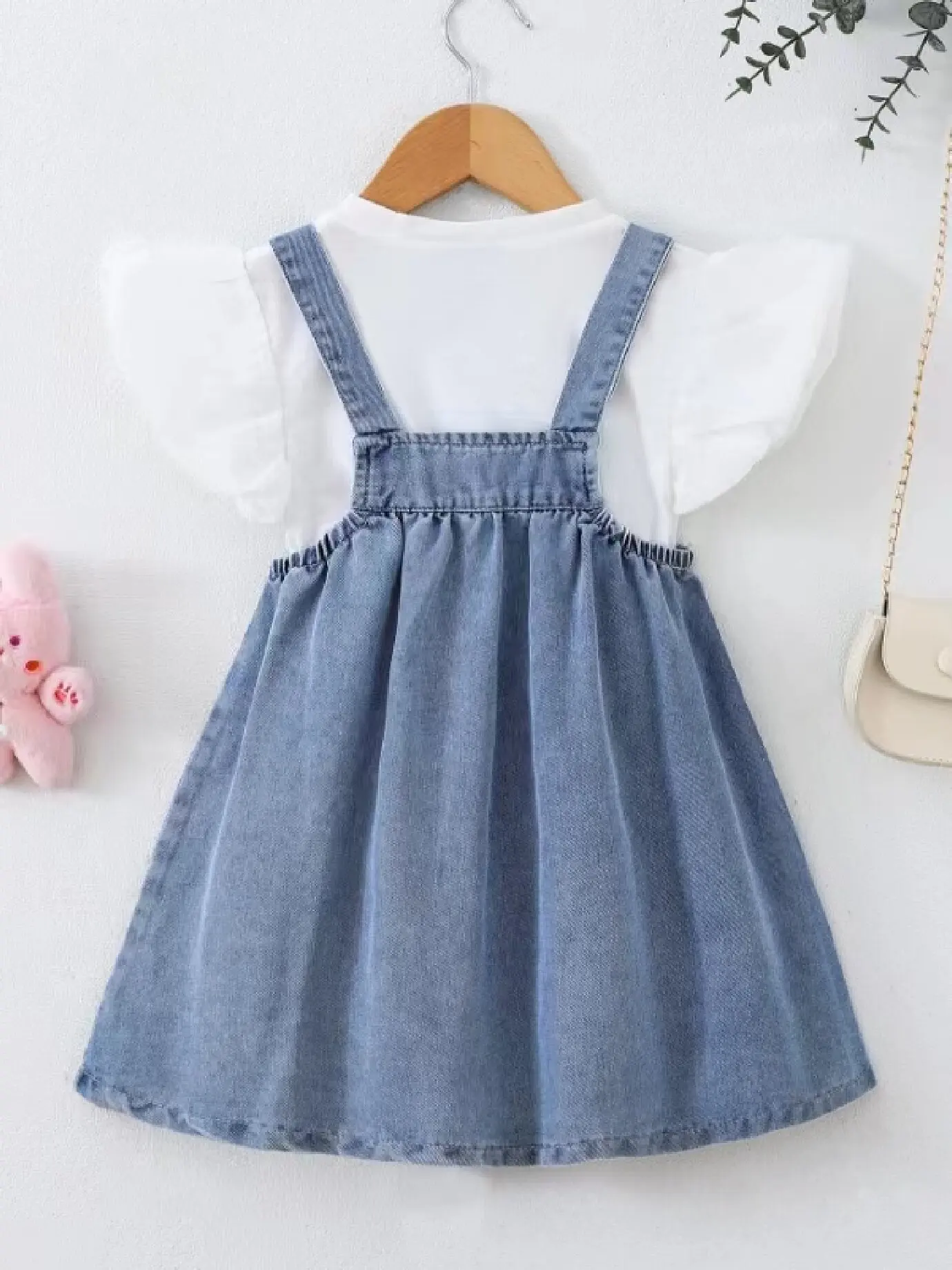 Girls cowboy halter dress two-piece summer baby girl knit+chiffon lantern sleeve flowers denim halter dress