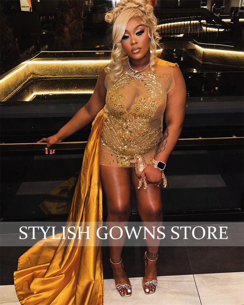 Gold O Neck Short Prom Dress For Black Girls 2024 Beaded Rhinestone Evening Gown With Tail Birthday Party Gowns Mini Cocktail