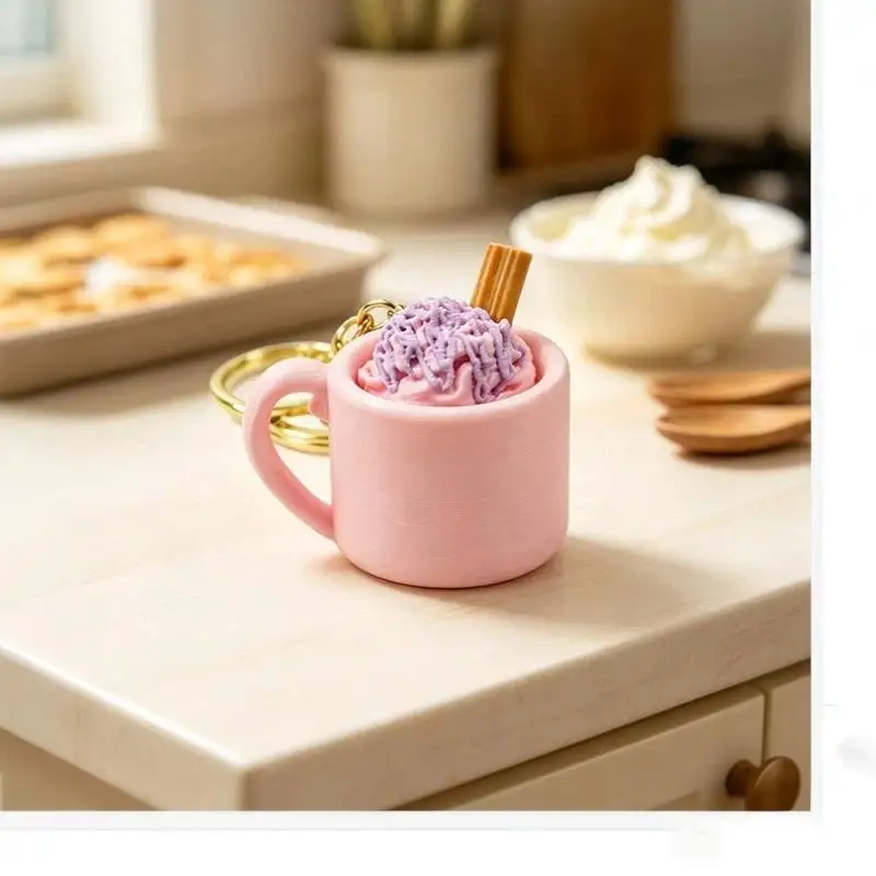 1 Stück Sundae Eisbecher-förmiger Schlüsselanhänger, 3D-gedruckter, niedlicher, simulierter Kaffeebecher, Stressabbau-Knopf, Fidget-Spielzeug – Detail 5