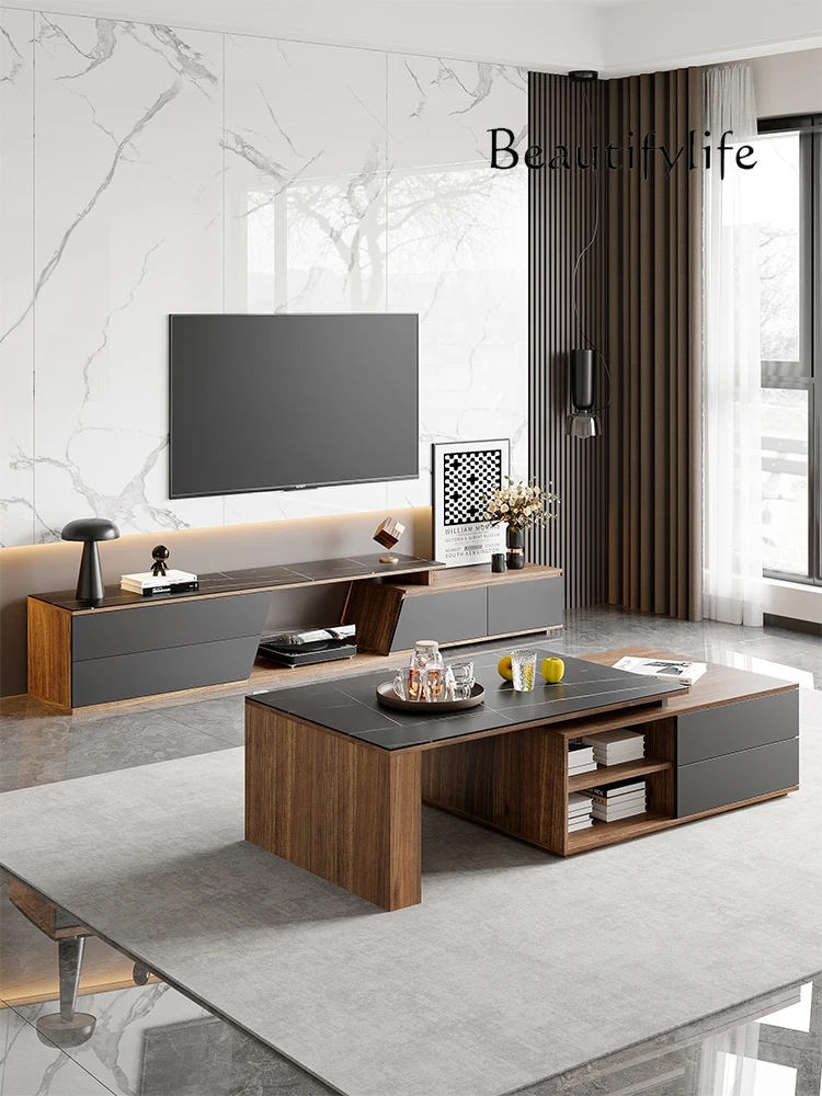 

Modern Minimalist Stone Plate Retractable TV Cabinet and Tea Table Combination Living Room Home Floor TV Stand