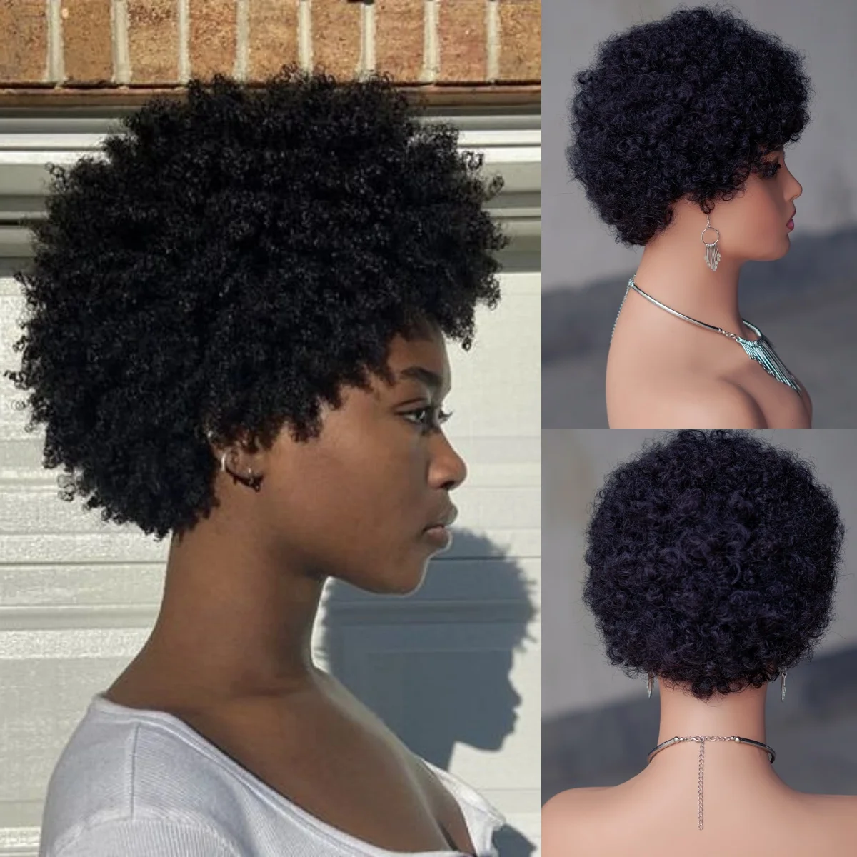 

Short Afro Curly Black Human Hair Wigs for Women Large Bouncy and Soft Natural Looking Full Wigs Afro Puff Full Mechanism Wigs