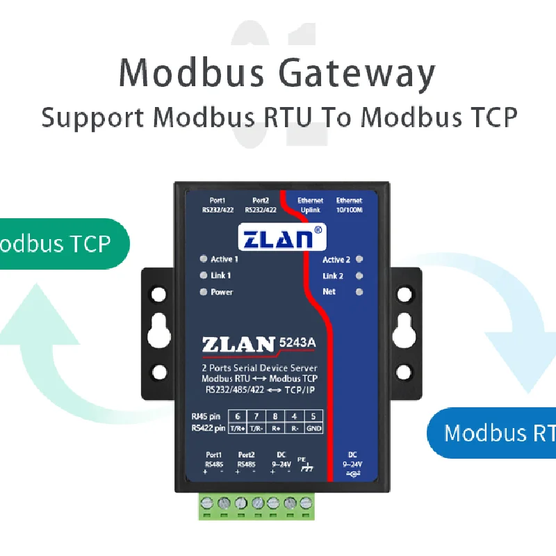 ZLAN-Dispositivo Multi-Serial, Gateway Modbus RTU, 5243A, 2 Portas, RS485 para Ethernet, RJ45, TCP IP, RS232