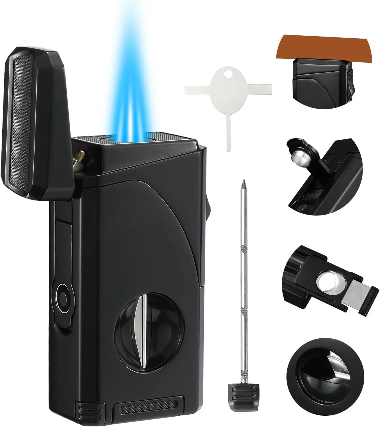 

Многофункциональная газовая зажигалка с тройным струйным пламенем, резаком, пробойником и держателем - перезаправляемая, ветрозащитная, черная