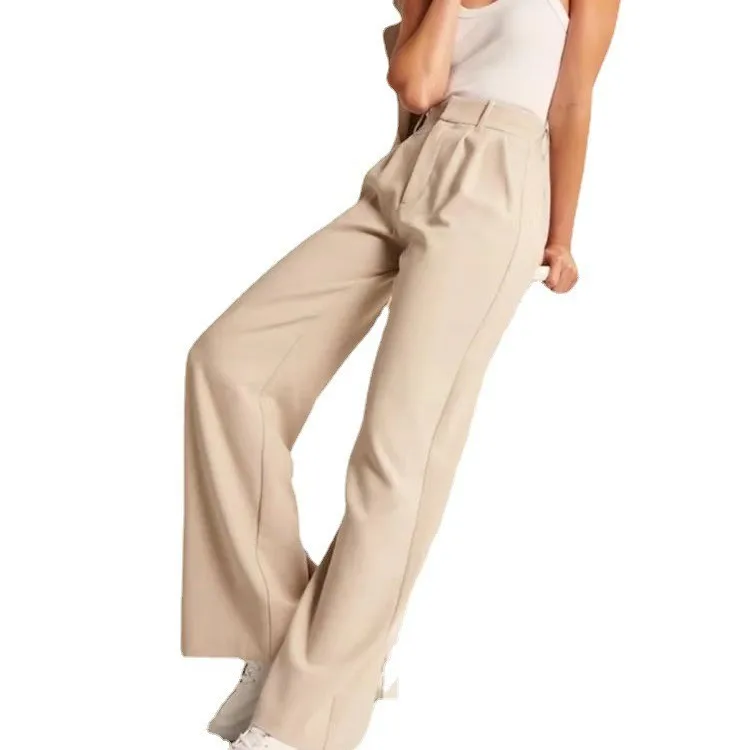 Belted Casual High Waist Pants with Elegant Long Women Pants Seamless Slight Stretch Spliced Pocket Summer Commuter Chic