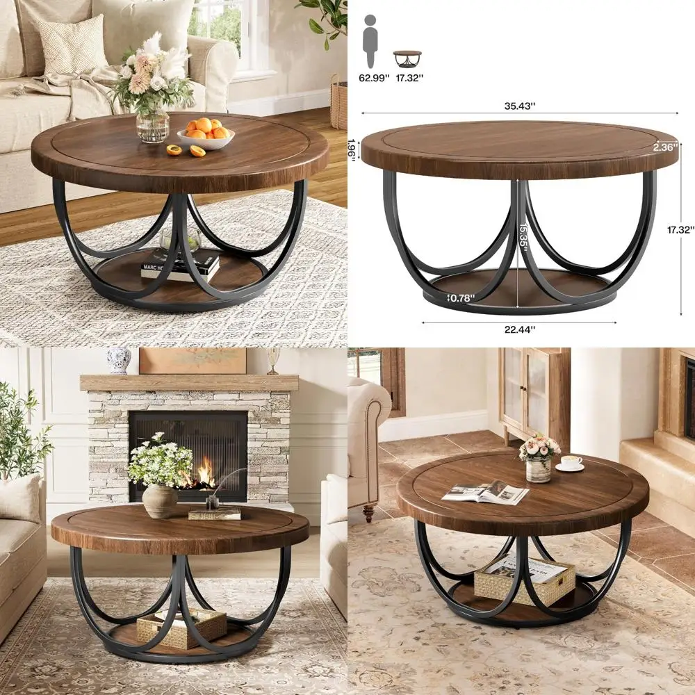 

Round Two-Tier Wooden Coffee Table with Metal Frame and Storage Shelf