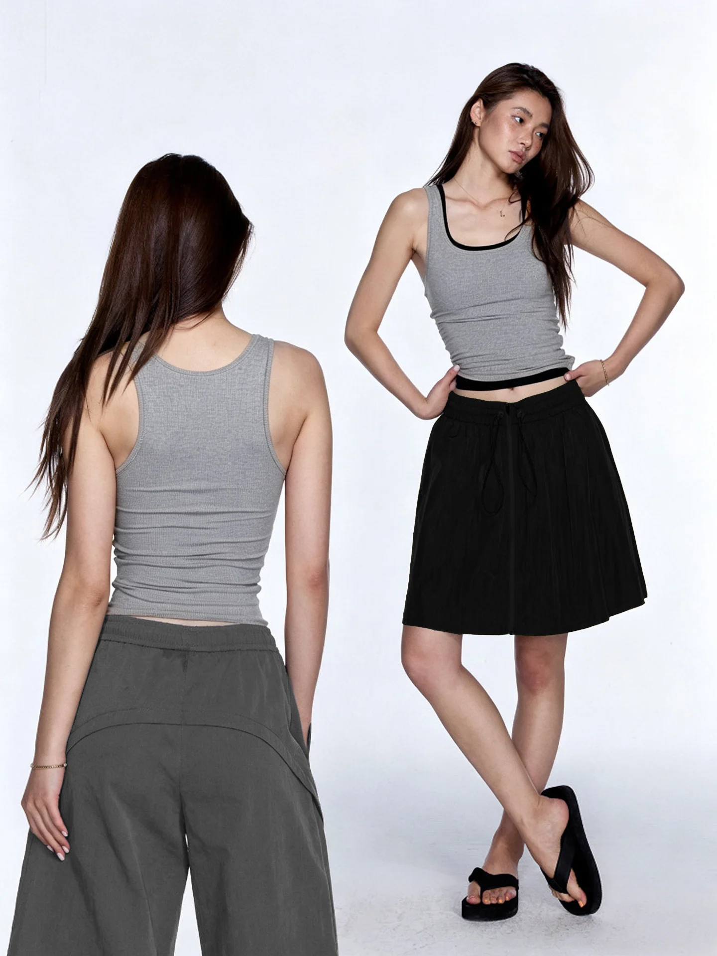 Slim Fit U-Neck Vest Women's Basic Layering Shirt Black White Grey Versatile Overlap Inner Wear Strap Vest Breathable Short S...