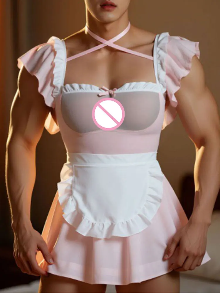 Pink Rabbit  sexy porno lingerie See-through Expose chest Male Servant role-playing costumes bundle crotchless Uniform sex suit - view 6