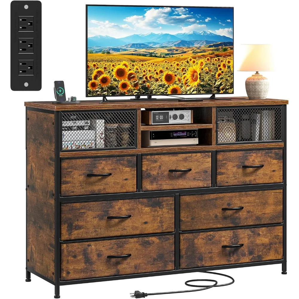 

Dresser TV Stand for 50 TV with Charging Station, Sturdy Dresser for Bedroom with 7 Deep Fabric Drawers & Mesh Door, Chest of Dr
