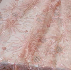 Soft Pink Shiny Embroidered Mesh Lace Fabric for Wedding Dresses and Clothing Accessories Designer Fabric By The Meter