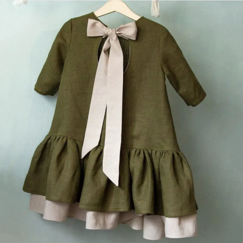 

Girls Children Cotton Linen Bowknot Green Dress Spring Autumn Princess Dress Baby Kids Tiered Party Dresses