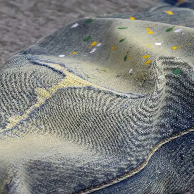 Street Fashion Men Jeans High Quality Retro Washed Blue Stretch Slim Fit Ripped Jeans Men Painted Designer Vintage Denim Pants