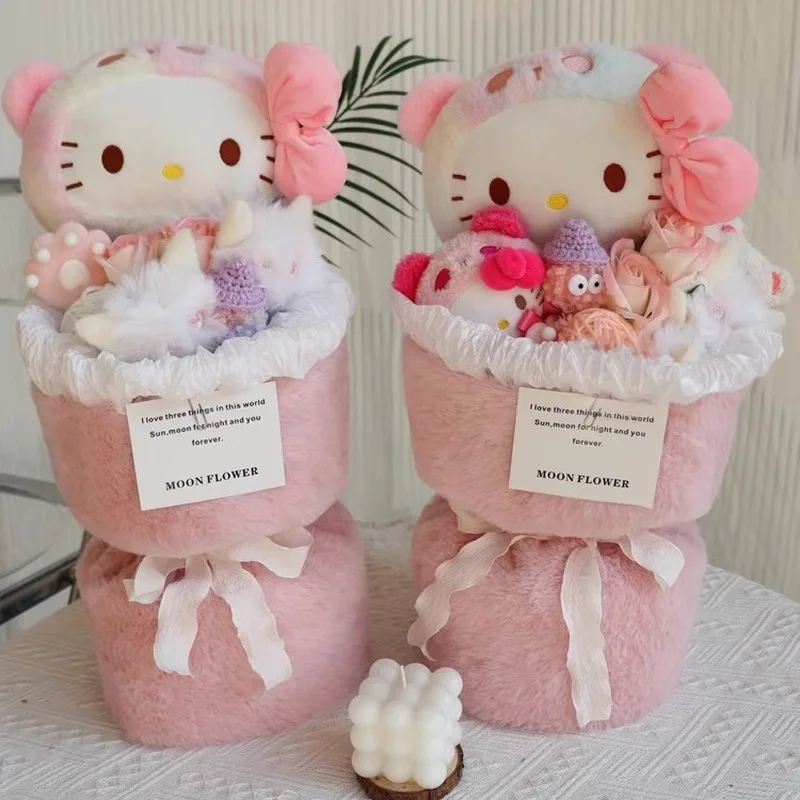 Sanrio อนิเมะ HelloKitty ช่อดอกไม้ของเล่นตุ๊กตาน่ารักยัดนุ่นช่อดอกไม้ hiasan kamar ตุ๊กตาเด็กผู้หญิงของขวัญวันวาเลนไทน์