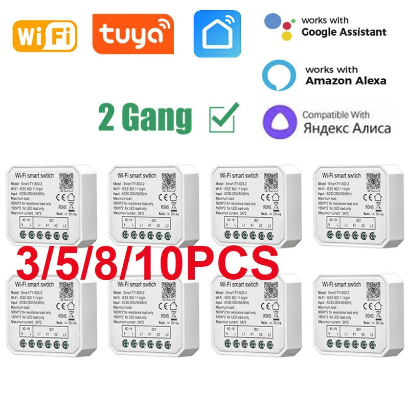 10A Tuya Smart WiFi Switch 2gang Control Switch Mini Smart Breaker Smart Life App Remote Control Support Alexa Google Home