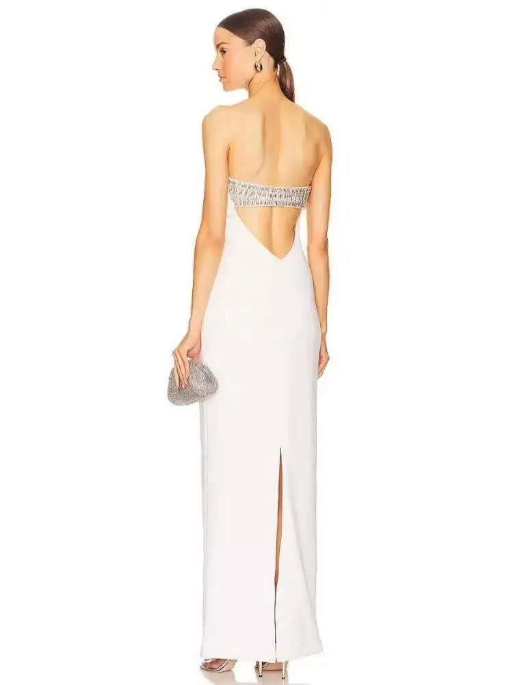 LEOSOXS 2025 Vrouwen Zomer Celebrity Nieuwe Strapless Uitgesneden Diamanten Witte Jurk Elegante Avond Club Feestjurk