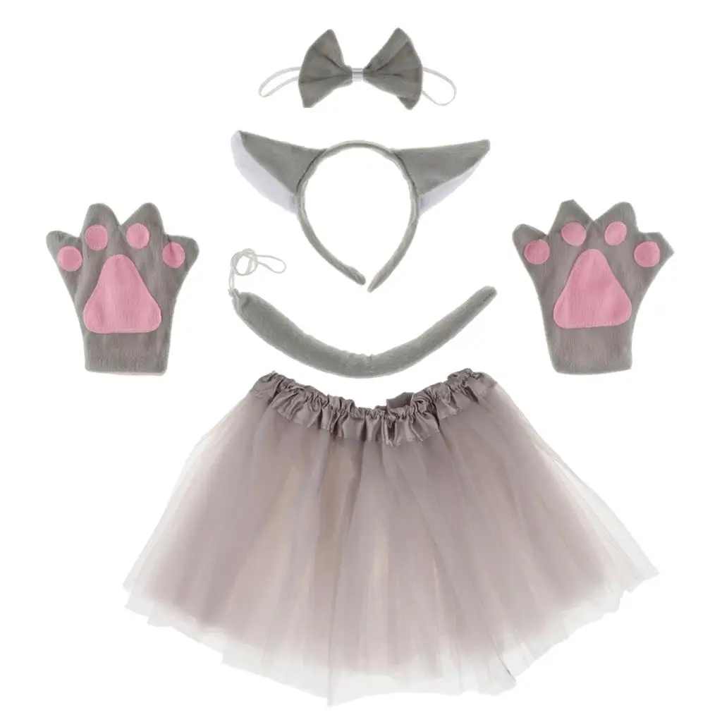 

5pcs/Set Girls Kids Animal Costume Wolf Ears Headband Bowtie Tail Skirt Gloves Set Birthday Cosplay Carnival Costume