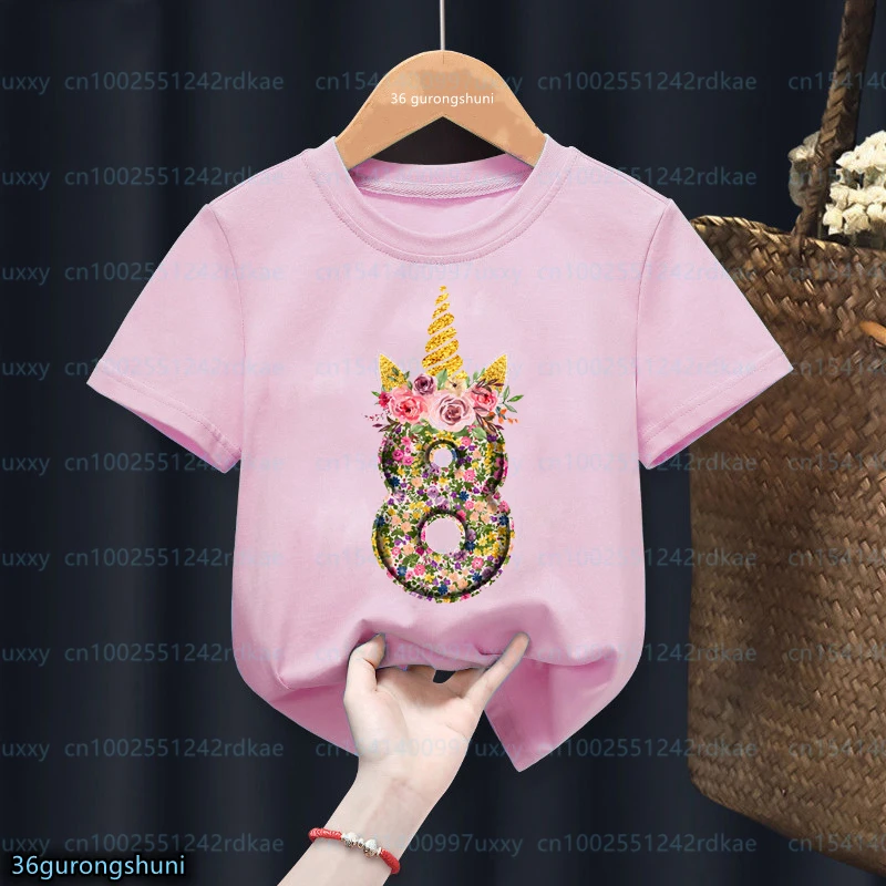 New Colorful Flowers Unicorn T Shirt Birthday Present Number 6 7 8 9 10 T-Shirt Little Girls Kids Clothes Short Sleeve Baby Tops