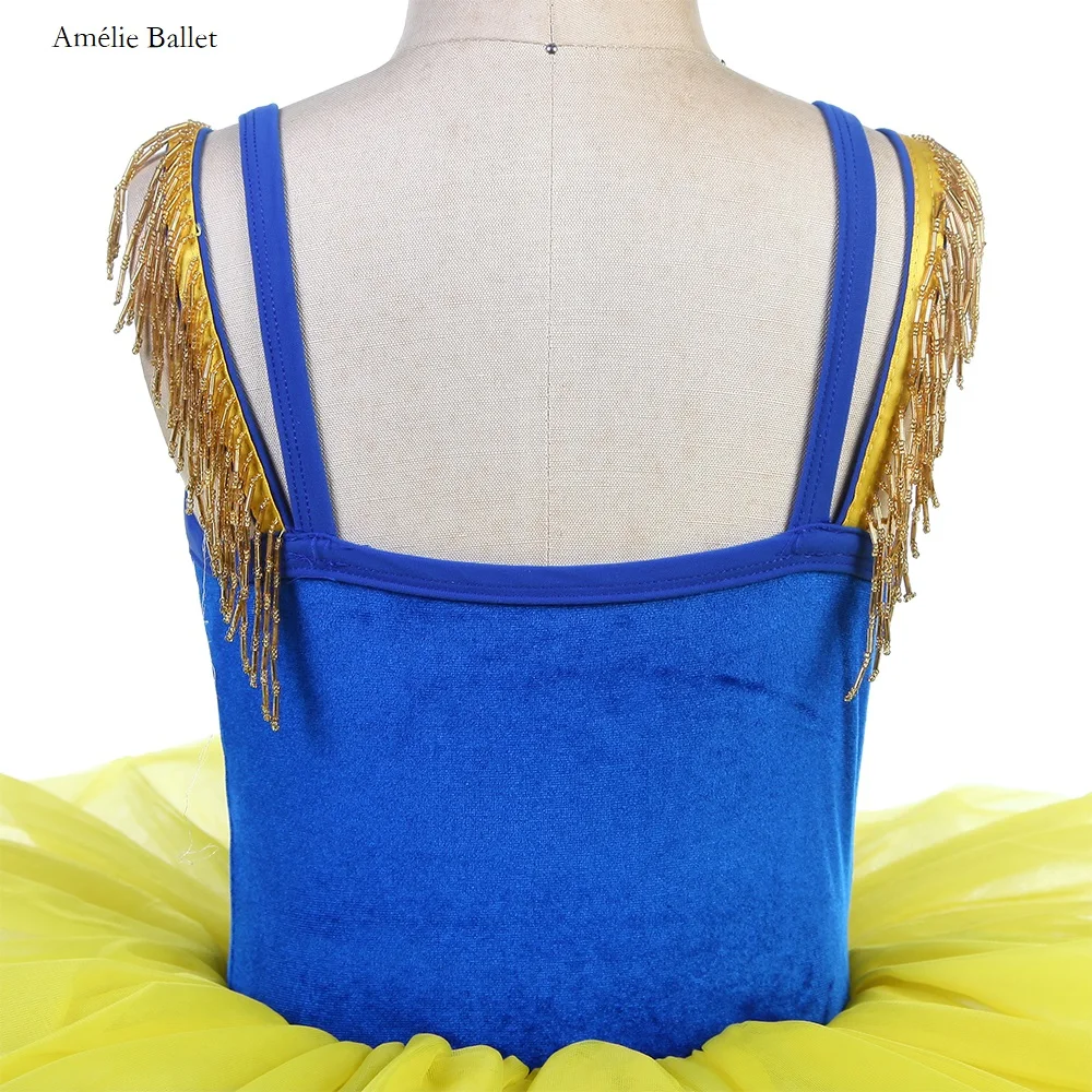 19839 ガールズバレエステージパフォーマンスダンススカート ロイヤルブルーベルベット ゴールドトリム付き イエローチュールダンスドレス