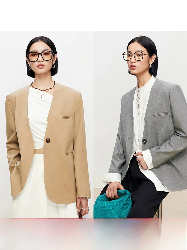

XUS Pure mat Faion Spring Autumn Woolen Suit Jaet Women's Commute Sle Long Sve V-Ne Single Button Coat