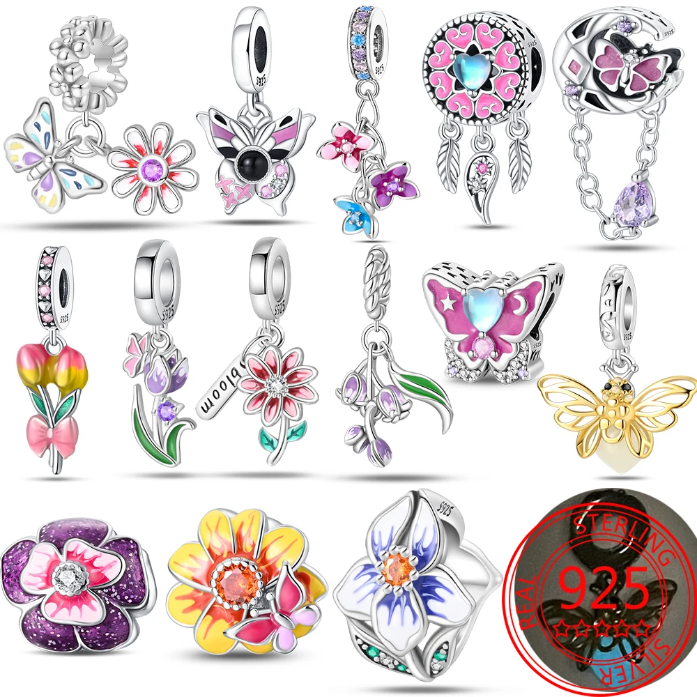 

Plant Series 925 Sterling Silver Pink Purple Flowers&Butterflies&Fireflies Charm Fit DIY Bracelet Necklaces Jewelry