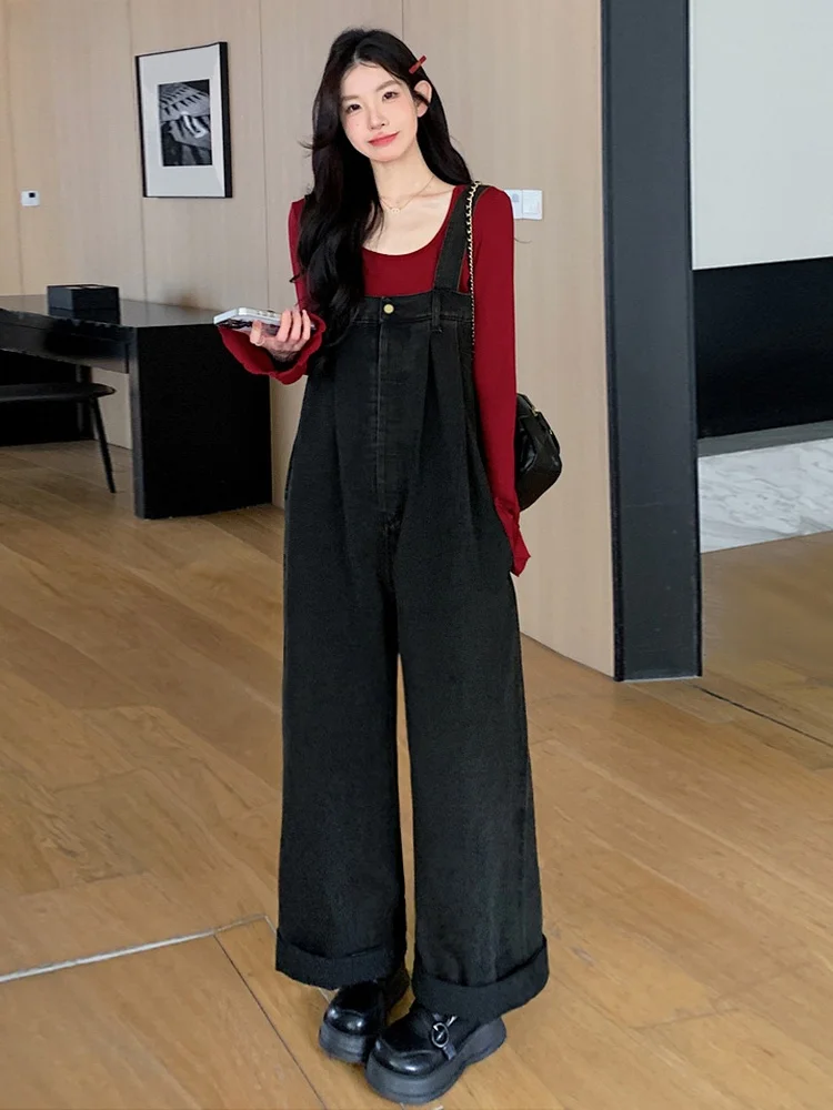 

Уличный джинсовый комбинезон, женский модный осенне-зимний комбинезон с широкими штанинами, ленивый топ, хлопковый комбинезон с мягкой талией, регулируемый синий