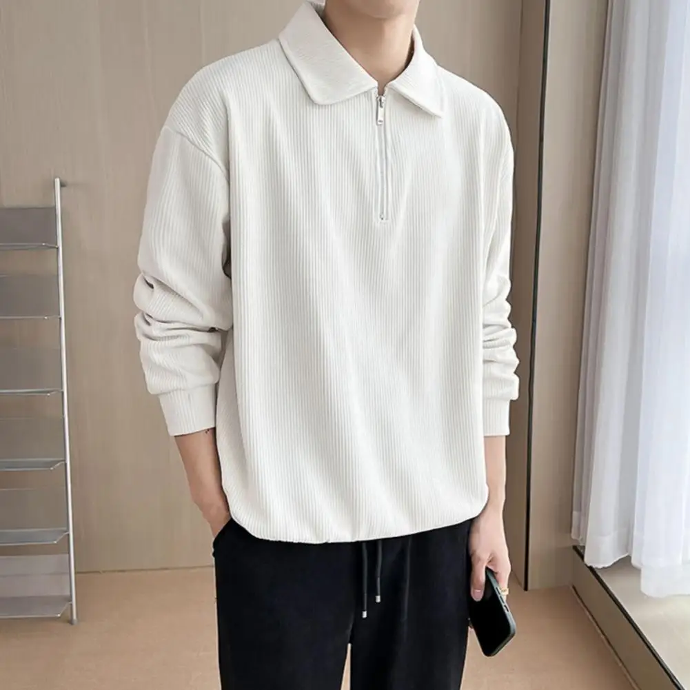 Men Fall Spring Top Half Zipper Turn-down Collar Corduroy Loose Vertical Striped Solid Color Long Sleeves Pullover Office Shirt